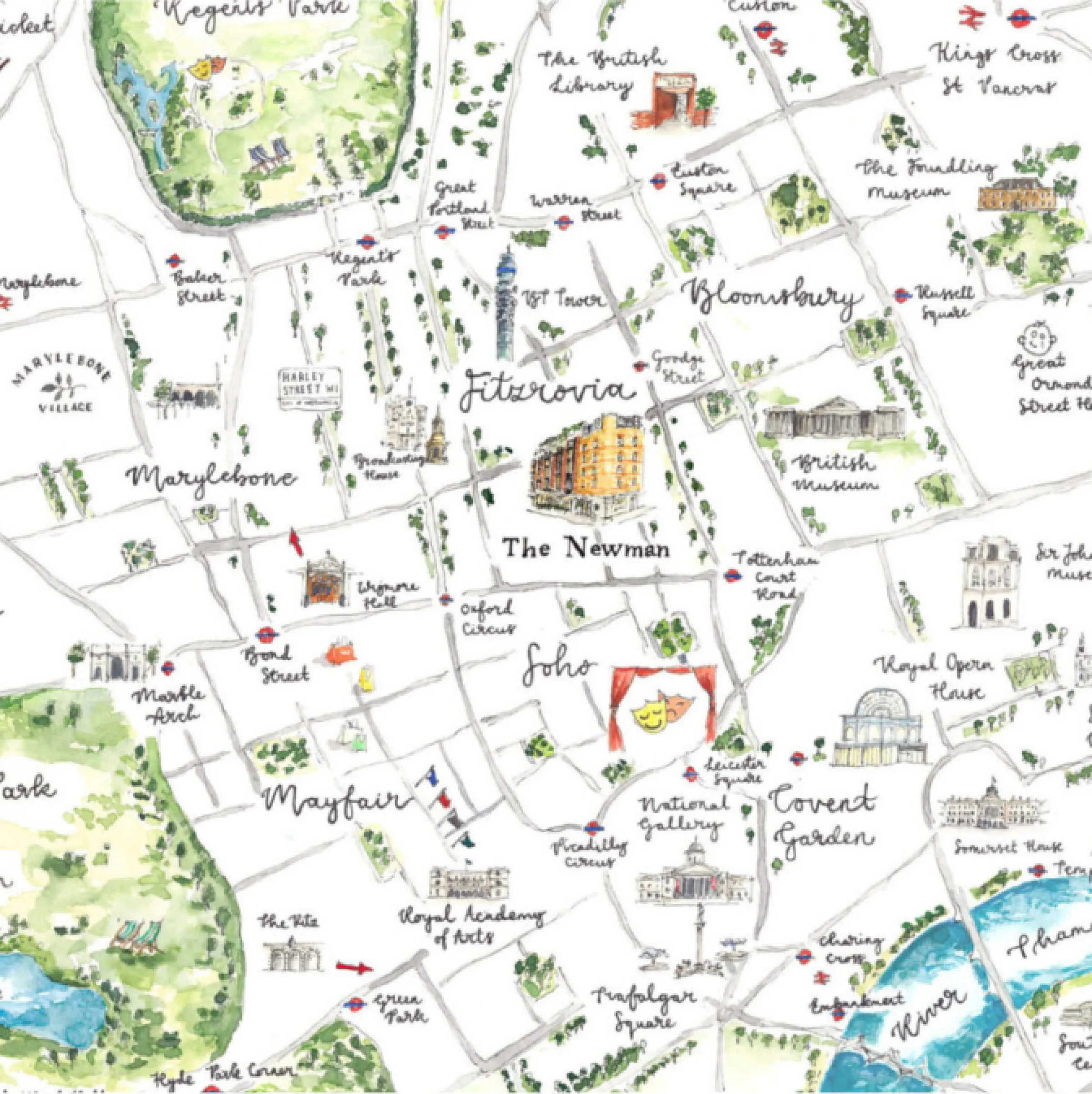 Neighbourhood map showing The London EDITION's Fitzrovia location between Soho, Mayfair and Covent Garden