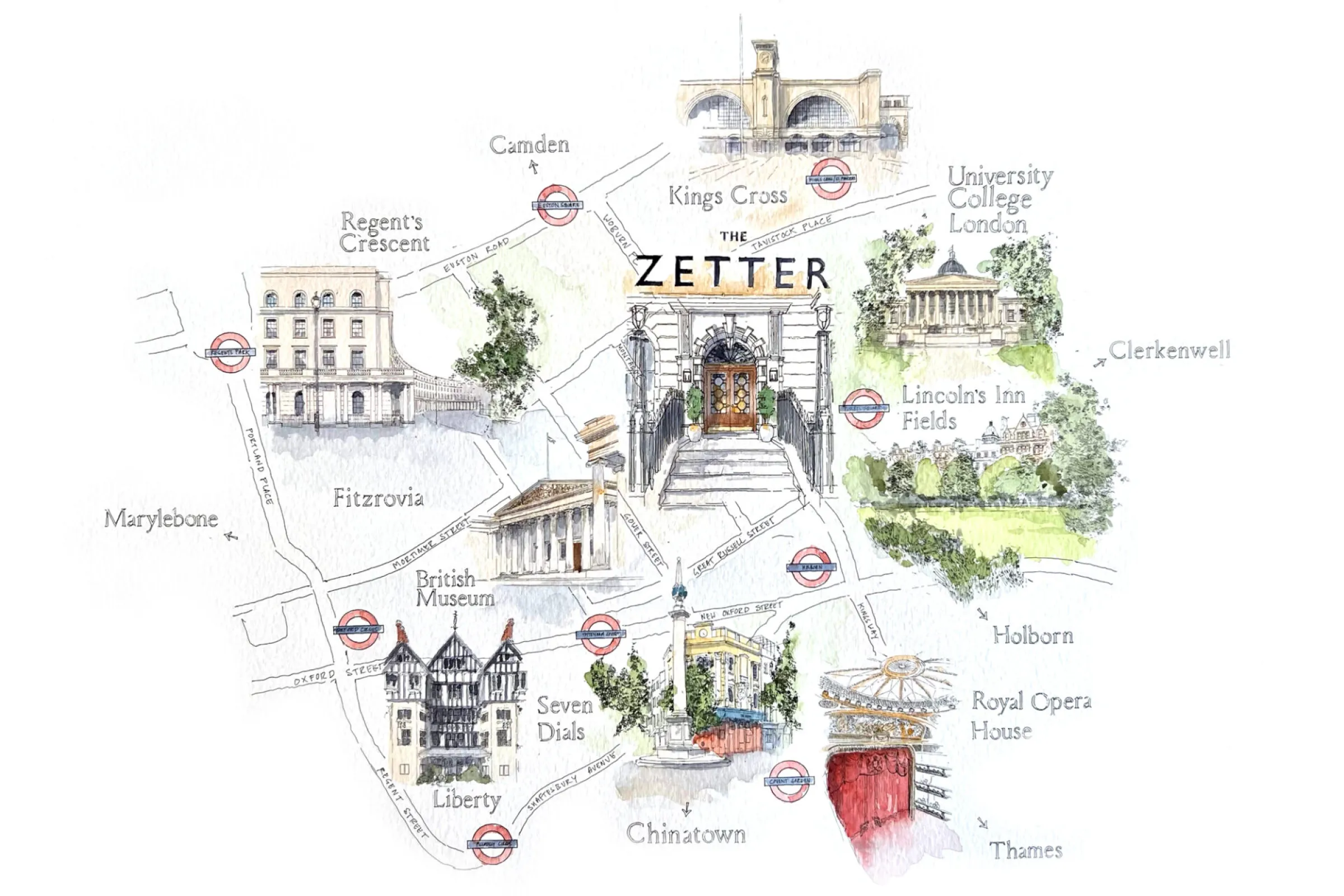 Stylised London map showing the location of the hotel and neighbouring attractions
